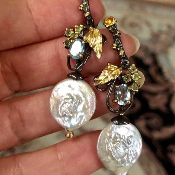 Romantic Genuine Baroque Pearl Earrings with Gems